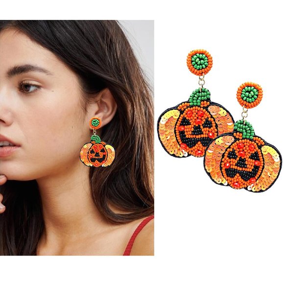 Fall Thanksgiving Pumpkin Halloween Jack-O-Lantern Beaded Statement Earrings - Picture 1 of 2
